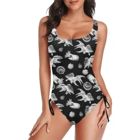 aquatic life bw print Drawstring Side One-Piece Swimsuit (Model S14)